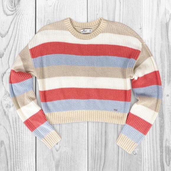 Hollister Waffle Knit Sweater XS Red Stripe Crop - Picture 1 of 11